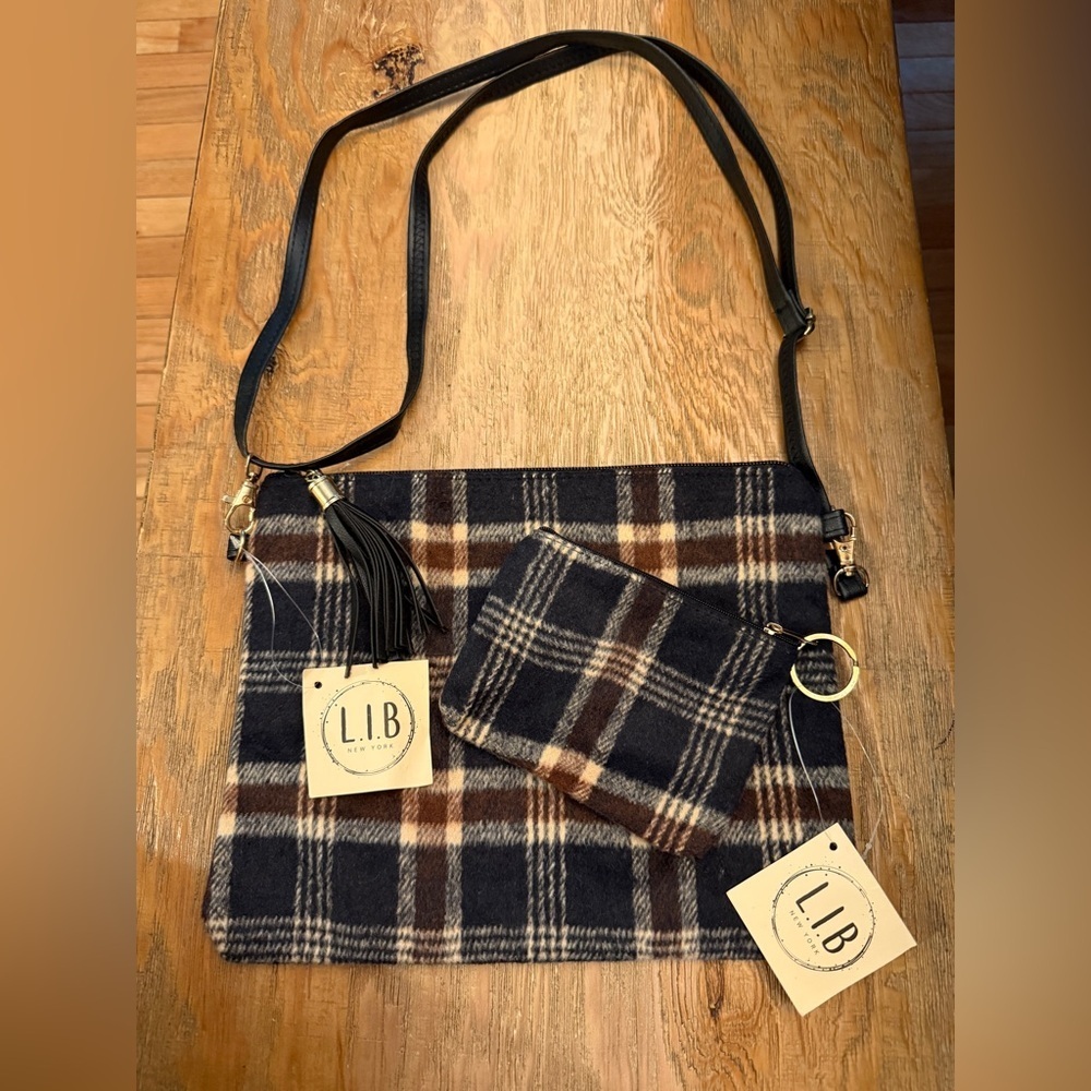Plaid Flannel Crossbody Bag Set Black Brown w Coin Purse